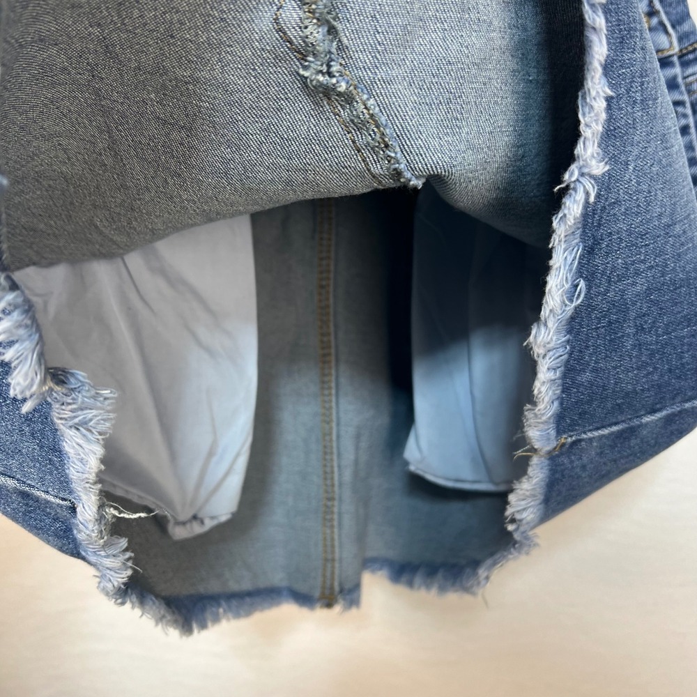 ELLEVEN Denim Overall Skirt Women Medium Blue Frayed Hem Bib Pocket NWT - Picture 5 of 11